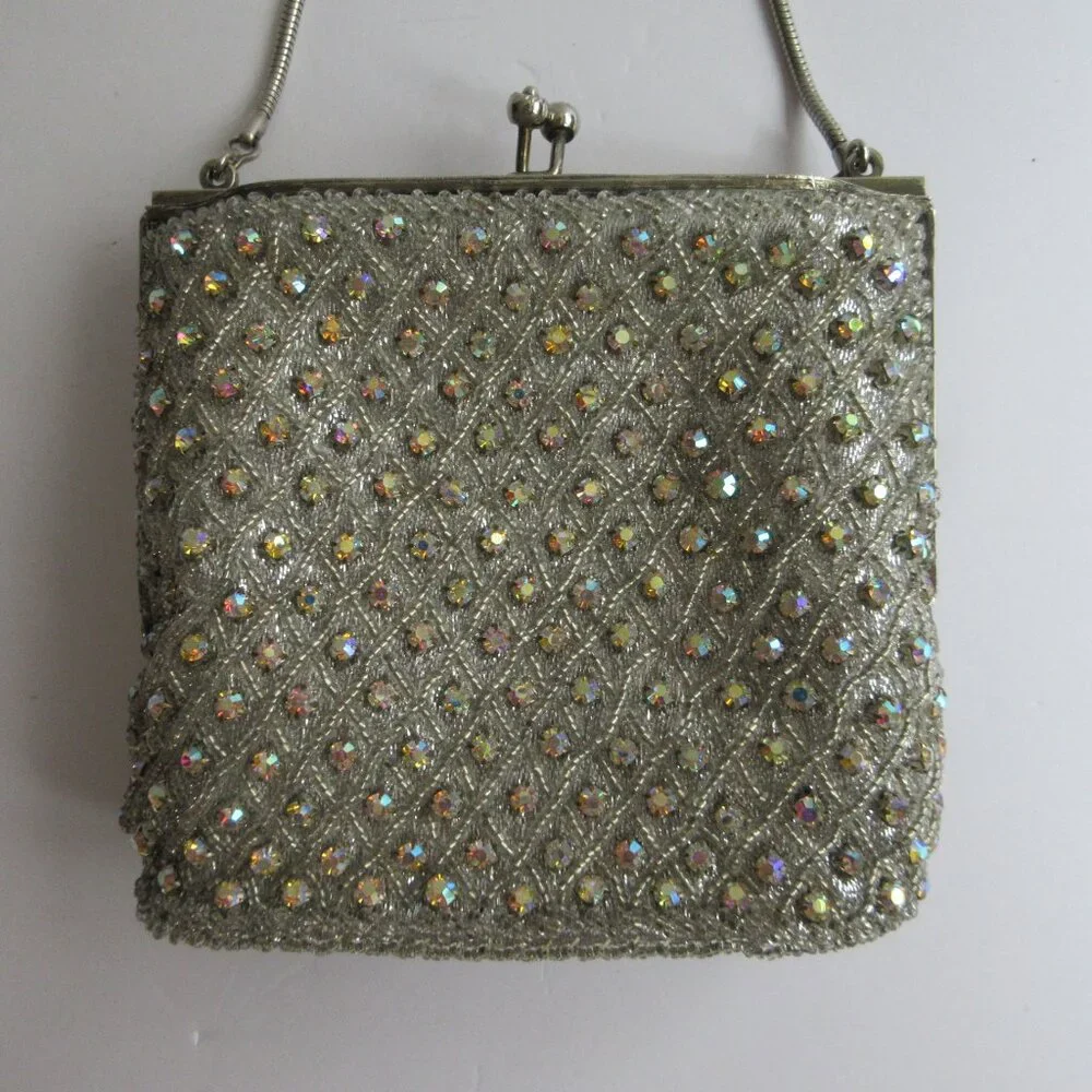 Silver Seed Bead AB Rhinestone Evening Bag Purse Metal Frame Kiss Lock Hong Kong - Picture 2 of 16